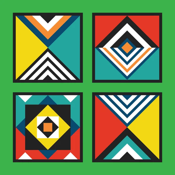 現代のレトロなカラフルで鮮やかな色の幾何学的な正方形のタイルのパターンは 緑の背景に設定 — ストックベクタ
