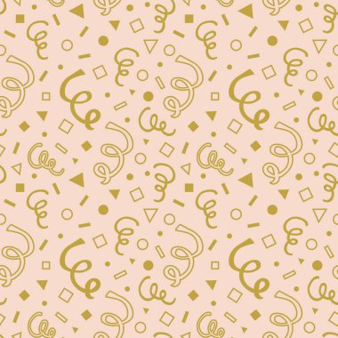 Altın karikatür el bukleler ve geometrik şekiller pembe arkaplan tasarım elementinde kusursuz desen çizer