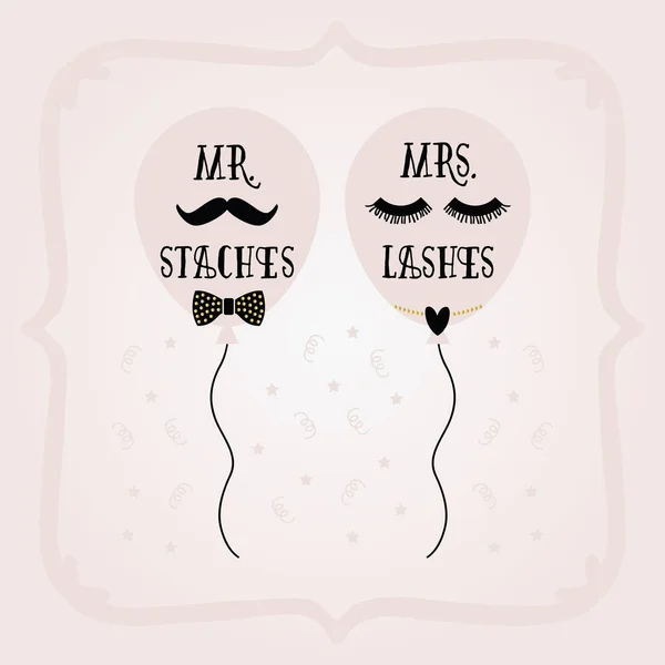 Preto Dourado Abstrato Sra Lashes Staches Balões Cartão Casamento Quadro — Vetor de Stock