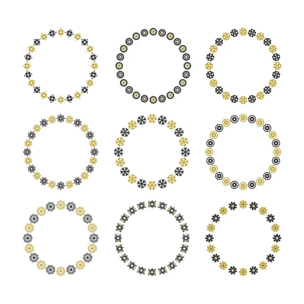 白を基調とした黒と金色の空円と丸い花とかわいい曼荼羅のエンブレムと境界線のデザイン要素 — ストックベクタ