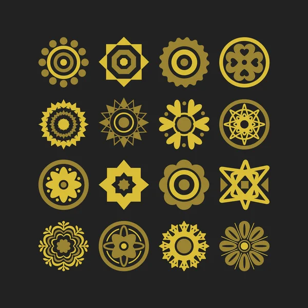 Golden Cute Isolated Different Style Flower Motifs Icons Set Black — Stock Vector