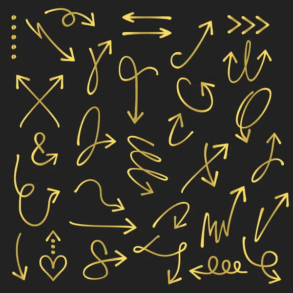 Golden Curvy Odd Shape Hand Drawn Direction Arrows Pointers Set — Stock Vector