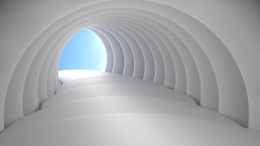 Işığa çıkan bir merdiveni olan beyaz bir tünelin soyut arka planı. Tünelin sonundaki ışık. Ürünü temsil etmek için sahnenin geometrik şeklinin bir kopyası. 3B Hazırlama