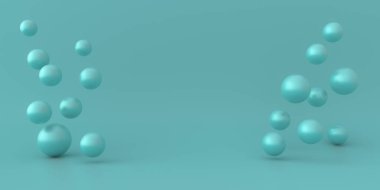 Turkuaz arka planda parlak balonlar. Görüntü monokrom. Ürün sunumu için maket. 3B Hazırlama