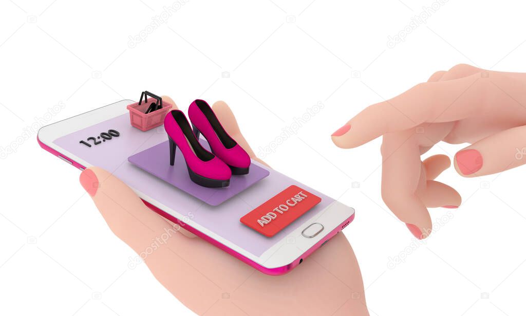 The concept of an application for online ordering of women's shoes. Women's hands hold a mobile phone with a virtual store. 3D Render