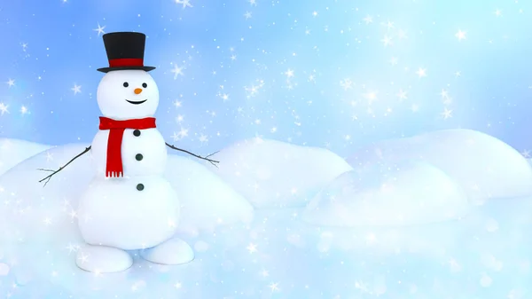 Illustration of a smiling snowman on a background of snow-white snowdrifts. — Stock Photo, Image