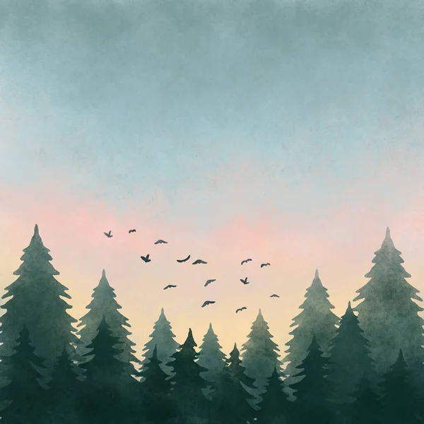 空を飛ぶ鳥と夕日の森の風景の水彩画 — ストック写真
