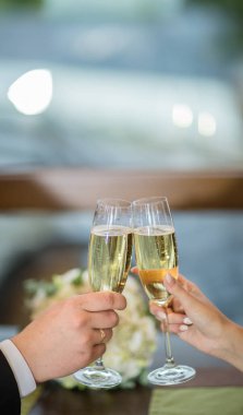 iki kadeh şampanya karşı toasting.