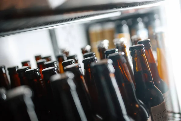 Botellas Cerveza Nevera Bar Diferente Enfoque — Foto de Stock