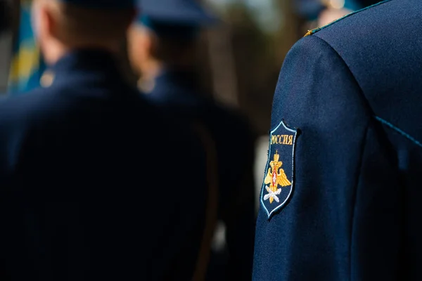 Soldiers Black Uniform Hold Weapon Close Hands Chevrons Troops Air — Stock Photo, Image