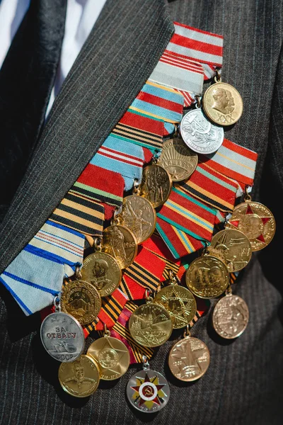 Victory Day Orders Medals Chest Veteran Close — Stock Photo, Image