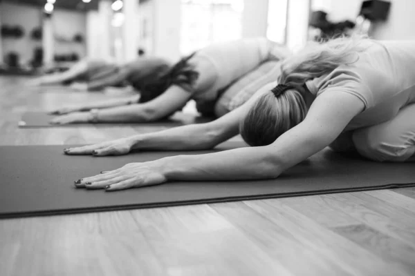 Grup yoga dersi stüdyoda. Siyah beyaz fotoğraf