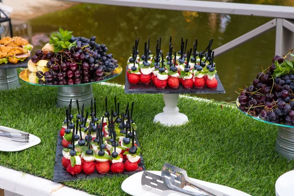 Banquete Catering Aire Libre Verano Mesa Con Aperitivos Canapés Frutas — Foto de Stock