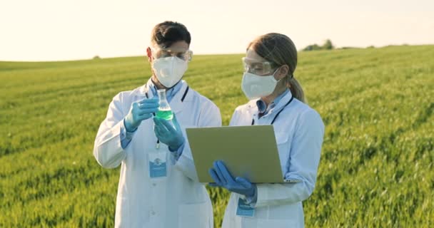 Caucasian female and male harvest researchers holding test tube with chemicals pesticides and laptop computer in green field. Ecologists scientists co-workers working in wheat margin. — Stock Video