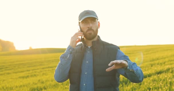 Kaukázusi fiatal férfi farmer kalapban sétál a zöld mezőn és mobilon beszél. Vonzó férfi beszél a mobiltelefon árrés nyáron, és mond valamit a mezőgazdasági üzleti. — Stock videók