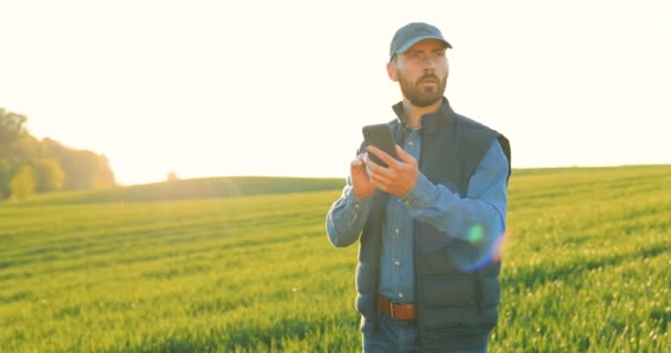 Fiatal kaukázusi férfi kalapban áll a zöld mezőn és csevegik okostelefonon SMS-ezés közben. Jóképű férfi farmer kopog és görgetés a mobiltelefon a szabadban. — Stock videók