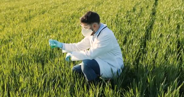 Male Caucasian ecologist scientist in field holding test tube with chemicals. Man in white gown, mask and goggles exploring and studying pesticides for good harvest outdoor in margin. — Stock Video