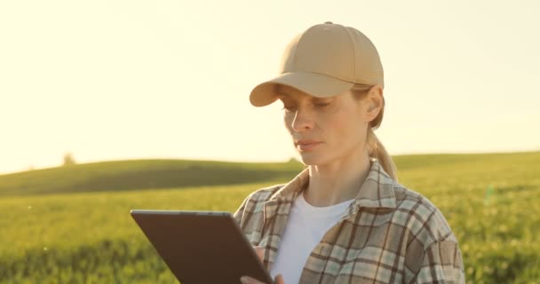 Portrait of attractive female farmer in hat holding tablet device and smiling to camera in green field. Caucasian pretty woman tapping and scrolling on tablet computer in margin. — Stock videók