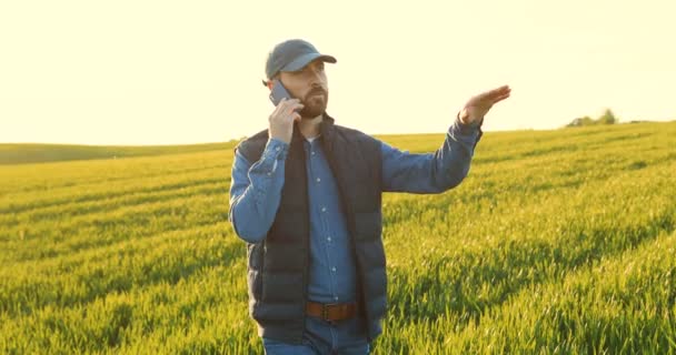 緑のフィールドに歩いて、携帯電話で話を帽子で白人の若い男性農家。魅力的な男は夏にマージンで携帯電話で話すと農業ビジネスについて何かを伝える. — ストック動画