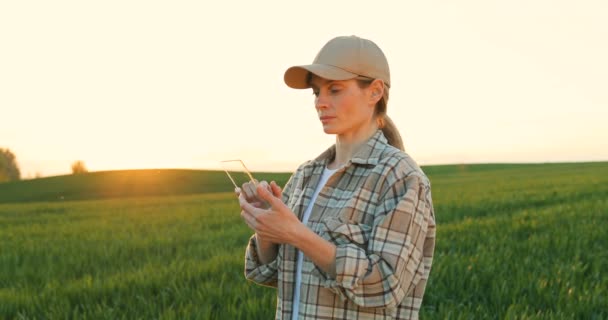 Üveg futuisztikus okostelefon női fermer kezében, aki nyáron a zöld mezőn állt. Átlátszó eszköz csúcstechnológiás technológiája. Egy nő lehallgatja a jövő telefonját. Bővített valóság. — Stock videók