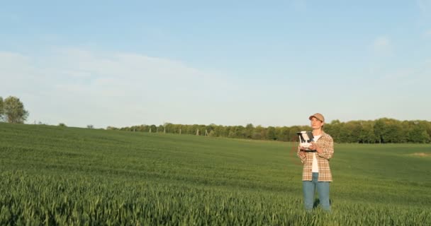緑の小麦畑に立つ帽子の白人のかなり女性農家とマージンの上を飛んで無人機の制御。タブレットデバイスをコントローラとして使用する女性。農業の技術. — ストック動画