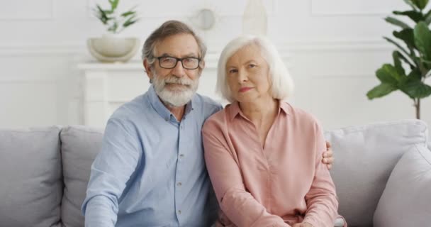 自宅のソファに座って年金受給者の白人シニアカップルの肖像画。リビングルームで抱擁でソファの上のカメラを見ている老人と女性。引退した男と女. — ストック動画
