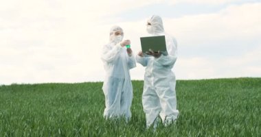 Beyaz kadın çiftçi araştırmacı elinde kimyasal ilaçlarla test tüpü tutuyor ve yeşil alanda dizüstü bilgisayarı olan erkek araştırmacı. Biyologlar, buğday marjında çalışan genetik meslektaşları..