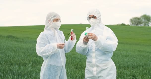 Couple of male and female Caucasian ecologist in white protective costumes and goggles standing in green field and talking. Co-workers exploring influence of pesticides on plants of wheat. — Stock Video