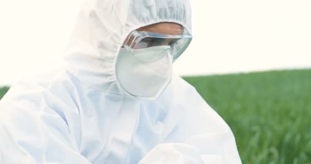 Close up of Caucasian male ecologist scientist in protective costume and goggles sitting in field and picking up herb of wheat. Man farmer examining harvest. Laboratory worker outdoor studying grass. — Stock Video