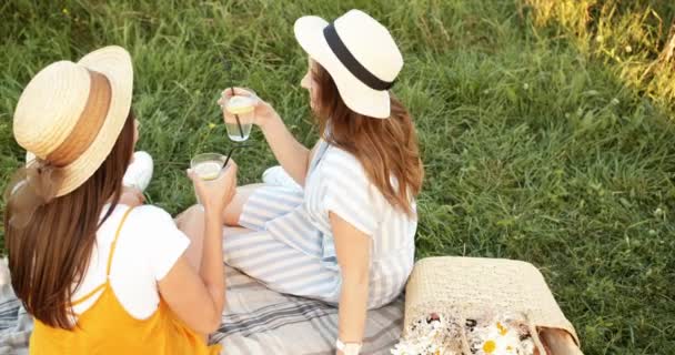 Hátul a kaukázusi fiatal, elegáns, vidám lányok piknikeznek a természetben, miközben a füvön ülnek és limonádét isznak. Visszapillantás a gyönyörű női legjobb barátok beszélgető és pletyka. — Stock videók