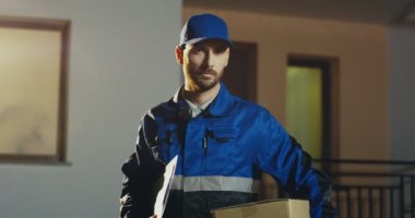 Mavi kostümlü yakışıklı beyaz postacı portresi ve akşam kameraya gülümseyen kutulu bir şapka. Açık hava..