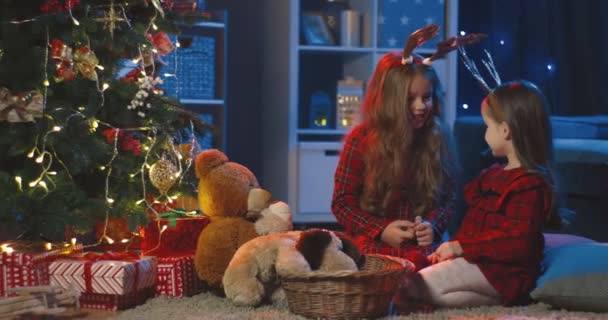 日前，这对白种人可爱的小女生在圣诞节前夕在装饰过的房间里聊天室里分享着她们的秘密。. — 图库视频影像
