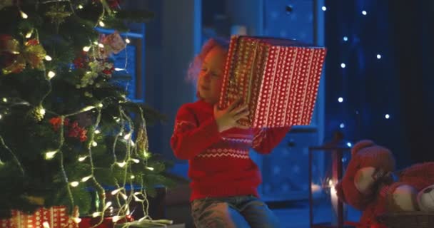 Jolie petite fille bouclée ouvrant une grande boîte avec cadeau de Noël au sapin de Noël dans la chambre confortable la nuit. — Video