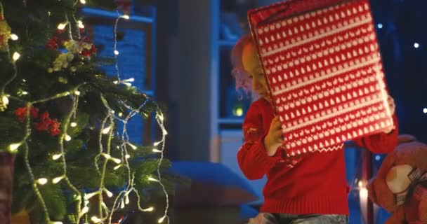 Joyeux petit enfant caucasien au sapin de Noël dans la chambre noire la nuit avec ses cadeaux du Père Noël. — Video
