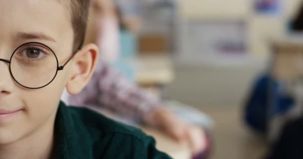 Primo piano della mezza faccia del simpatico piccolo studente caucasico con gli occhiali che sorride alla telecamera mentre guarda dritto e si siede in classe durante la lezione. Ritratto. — Video Stock
