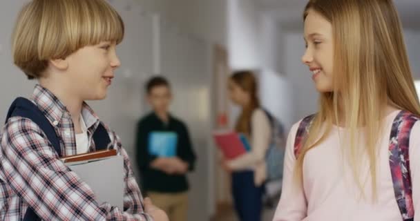 Portrait de l'adolescent petit camarades de classe garçon et fille debout à la pause dans le couloir de l'école et parlant joyeux. Gros plan. — Video