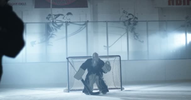 Koncepcja meczu hokejowego. Bramkarz łapie i oddaje krążek kijem na lodowej arenie. Męski hokeista broniący bramki. Uderza w dysk z kijem do bramy. — Wideo stockowe