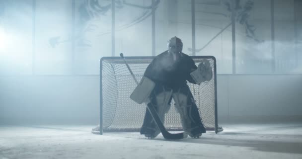 Портретний знімок повноцінного хокеїста в шоломі і з клубом, що стоїть у ворота на льоду. Спортсмен воротар в уніформі і каскаді тримає палицю біля воріт . — стокове відео