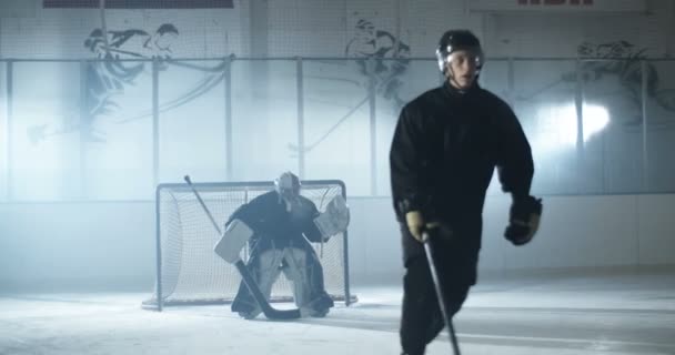 Squadra di hockey giocare partita su arena ghiacciata. Giocatore segnando gol e applaudendo come mettere disco nel cancello. Portiere disco mancante. — Video Stock