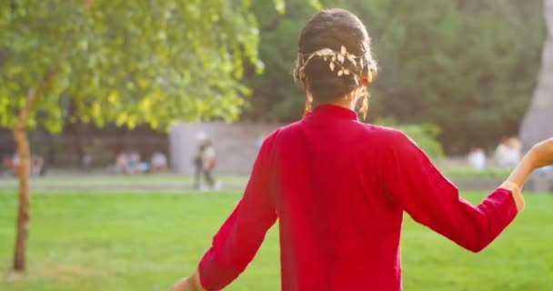 Hindoe mooie jonge vrouw met stip op het voorhoofd en in rode traditionele outfit wandelen in het park op groen gras, glimlachen, dansen en wervelend. Mooie vrouwelijke wandelen op zonnige dag in de zomer in India. — Stockvideo