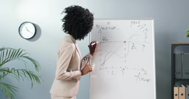Ung afroamerikansk kvinnlig lärare i medicinsk mask som står ombord och förklarar fysik eller geometri för klassen. Ett pandemiskt koncept. Skolan under coronavirus. Utbildning. Affärsmässighet. — Stockvideo