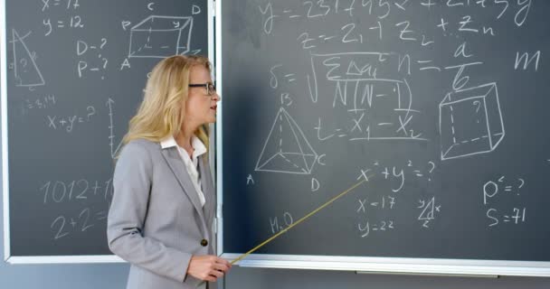 Vrolijke blanke mooie vrouwelijke leraar in glazen staan op schoolbord met formules, afbeeldingen en wetten en uit te leggen met pointer. Docent wiskunde aan school of hogeschool. — Stockvideo
