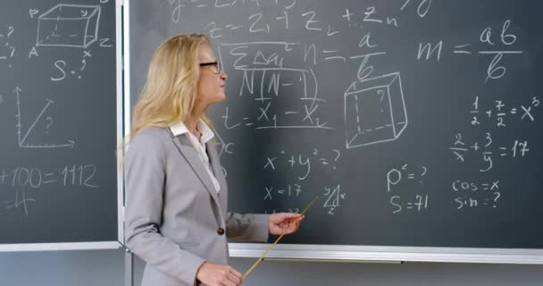 Blanke mooie vrouwelijke leraar in glazen staande op schoolbord met formules, afbeeldingen en wetten en uit te leggen met pointer. Docent wiskunde praat met camera 's op school. Wiskundeles. — Stockvideo