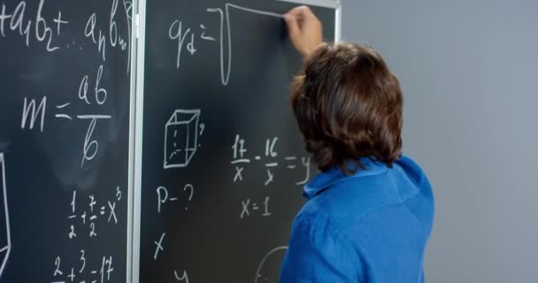 Achteraanzicht op blanke mannelijke docent schrijven wiskunde of natuurkunde formules met krijt op schoolbord. Een leraar die op school werkt en algebra uitlegt. Les wiskundekunde. Achterzijde. — Stockvideo