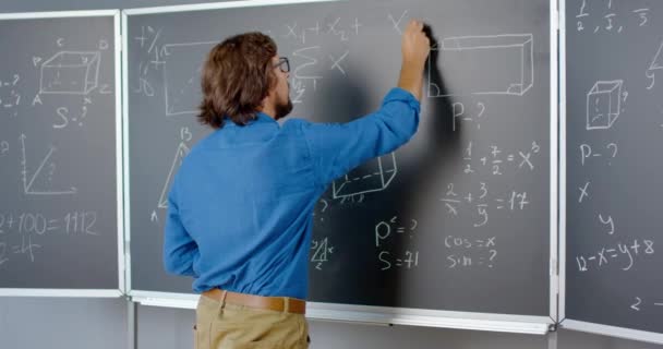 Parte trasera del profesor masculino caucásico que escribe fórmulas matemáticas o físicas con tiza en pizarra. Vista posterior sobre el hombre profesor que trabaja en la escuela. Lección de matemáticas. Retrato del matemático sonriente. — Vídeos de Stock