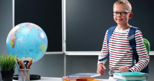 Blanc mignon adolescent garçon dans des lunettes et avec sac à dos à venir dans la salle de classe. Portrait d'écolier appuyé sur le bureau et souriant à la caméra. La vie scolaire. Concept d'enfance. — Video