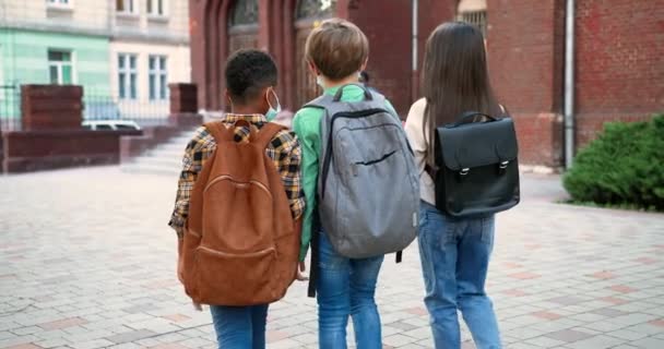 Πίσω από πολυεθνικούς μαθητές με σακίδια που πηγαίνουν σχολείο. Καυκάσια κοπέλα και αγόρι. Αφροαμερικανός μαθητής με σχολική τσάντα. Άντρες και γυναίκες εκπαιδευτικοί στο παρασκήνιο χτυπώντας στο smartphone — Αρχείο Βίντεο