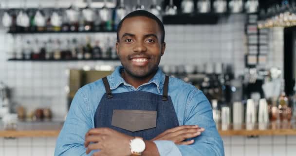 Portret van de Afro-Amerikaanse vrolijke jonge knappe man barista die aan de bar staat, naar camera kijkt en handen kruist. Happy ober glimlachen in cafe met drankjes apparatuur op de achtergrond. — Stockvideo