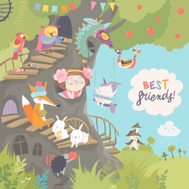 Küçük kız ve hayvanlar sevimli treehouse