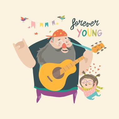 Father playing guitar music to his daughter clipart